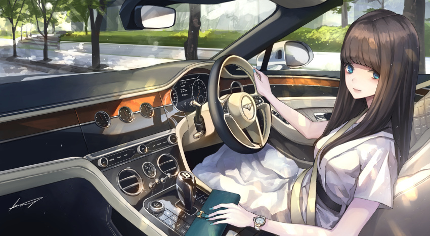 absurdres aqua_nails belt bentley bentley_continental_gt black_belt blue_bag blue_eyes blunt_bangs brown_hair car car_interior coin_purse day dress driving female fingernails highres koh_(minagi_kou) light_rays long_dress long_hair looking_at_viewer md5_mismatch motor_vehicle nail_polish original outdoors rear-view_mirror right-hand_drive seatbelt short_sleeves sidewalk signature sitting steering_wheel tree wallet watch white_dress women's_wallet wristwatch