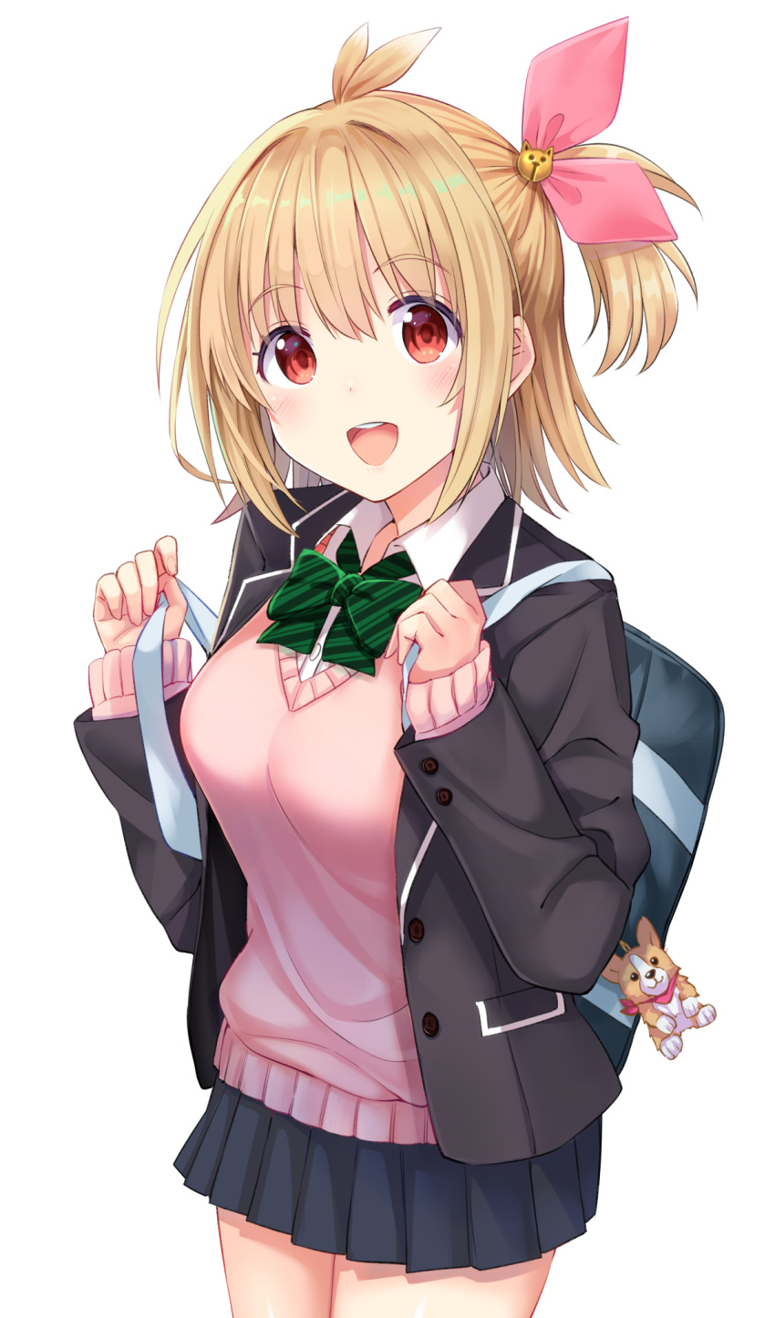 :d bag bag_charm bell black_jacket black_skirt blazer blush bow breasts brown_hair charm_(object) collared_shirt commentary_request cowboy_shot diagonal_stripes female from_above green_bow hair_bell hair_ornament hair_ribbon highres jacket jingle_bell long_sleeves looking_at_viewer medium_breasts medium_hair miniskirt one_side_up open_clothes open_jacket open_mouth original pink_ribbon pink_sweater pleated_skirt red_eyes ribbon school_bag school_uniform shirt simple_background skirt smile solo striped striped_bow sweater u_rin v-neck white_background white_shirt