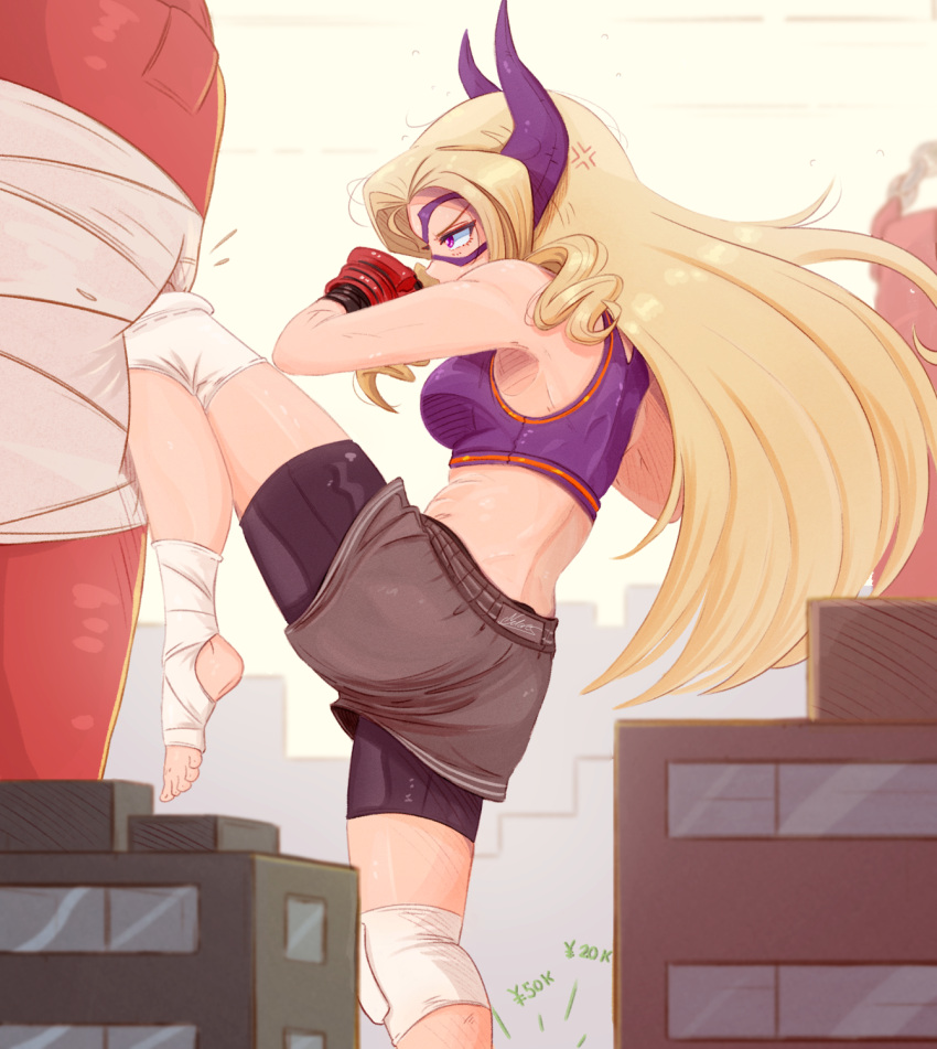 anger_vein bandaged_leg bandages bike_shorts black_shorts boku_no_hero_academia boxing_gloves breasts building cheering city commentary crop_top domino_mask english_commentary female from_side giant giantess highres horns kicking knee_pads knee_up long_hair mask mount_lady punching_bag purple_eyes purple_sports_bra raps_(yohomeboyraps) short_shorts shorts solo sports_bra superhero_costume underwear very_long_hair