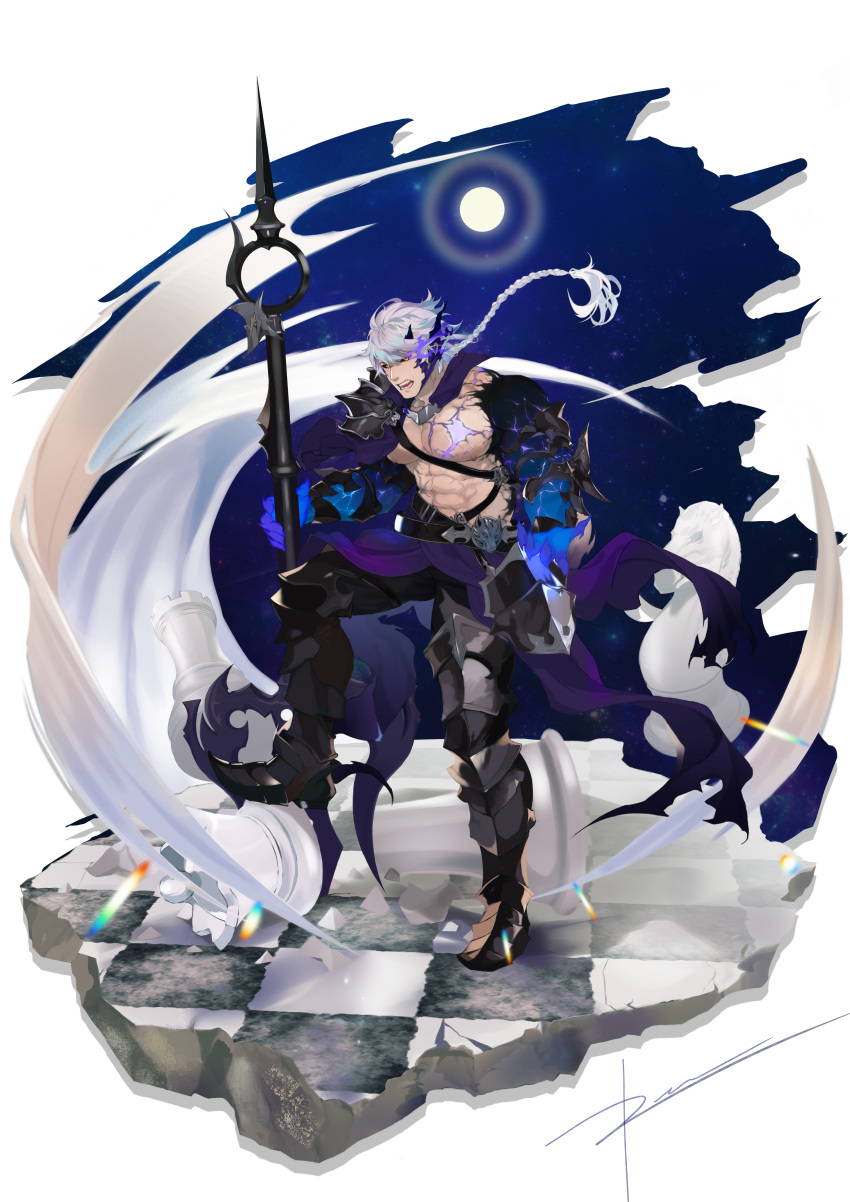 1boy abs absurdres alternate_costume alternate_pectoral_size armor bara bare_pectorals black_sclera chase_(king's_raid) chest_belt clothes_lift colored_sclera demon_horns eye_trail full_body full_moon gauntlets glowing glowing_armor glowing_eyes glowing_skin greaves grey_hair highres horns king's_raid large_pectorals light_trail looking_at_viewer male_focus moon muscular muscular_male nipples pauldrons pectorals pelvic_curtain pelvic_curtain_lift planted ren_(rendrrr) short_hair shoulder_armor single_pauldron solo stomach white_background yellow_eyes