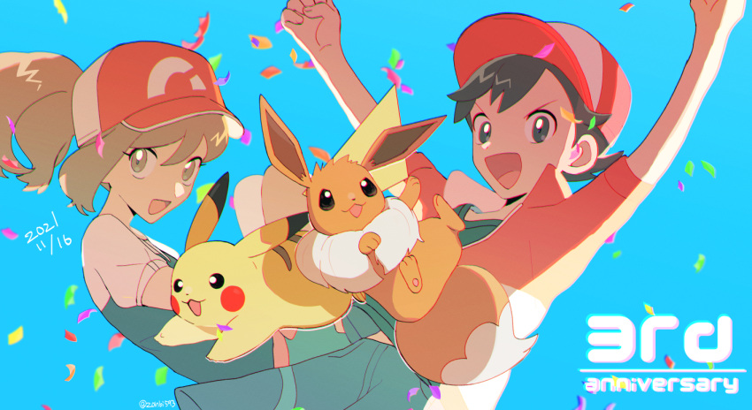 1boy :d anniversary arms_up baseball_cap black_hair blue_background chase_(pokemon) commentary_request confetti dated eevee elaine_(pokemon) eyelashes female hat looking_at_viewer open_mouth pikachu pokemon pokemon_(creature) pokemon_lgpe red_headwear shirt short_hair short_sleeves shorts simple_background smile tongue white_shirt zonbi4771