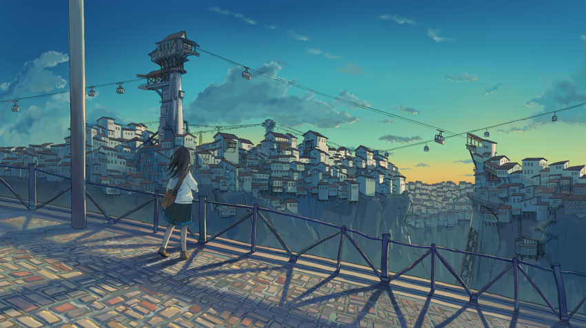 black_hair cable_car cityscape cloud commentary female long_hair looking_away original outdoors pleated_skirt railing scenery skirt sky solo tower wu_ba_pin