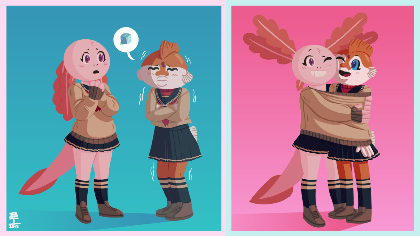 16:9 2018 amphibian amur_carp anthro axey_(wazzaldorp) axolotl blue_eyes blue_sclera carp clothing cold cyprinid cypriniform duo female fish footwear hi_res hug koi koi-chan legwear marine mole_salamander pink_eyes real_axolotl_hours salamander shaking sharing_clothing shivering socks typical_carp wazzaldorp widescreen