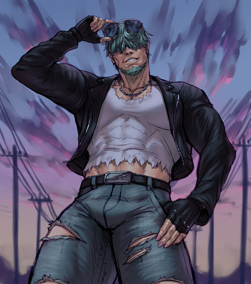 1boy adjusting_eyewear aqua_hair bara belt black_belt black_jacket carless_(ppanic) commission covered_eyes cropped_jacket day denim eyewear_on_head facial_hair fire_emblem fire_emblem:_the_blazing_blade fire_emblem_cipher hair_over_eyes highres jacket jeans large_pectorals lowen_(fire_emblem) male_focus muscular muscular_male open_clothes open_jacket outdoors pants pectorals shirt short_hair smile solo sunglasses teeth torn_clothes torn_jeans torn_pants torn_shirt white_shirt