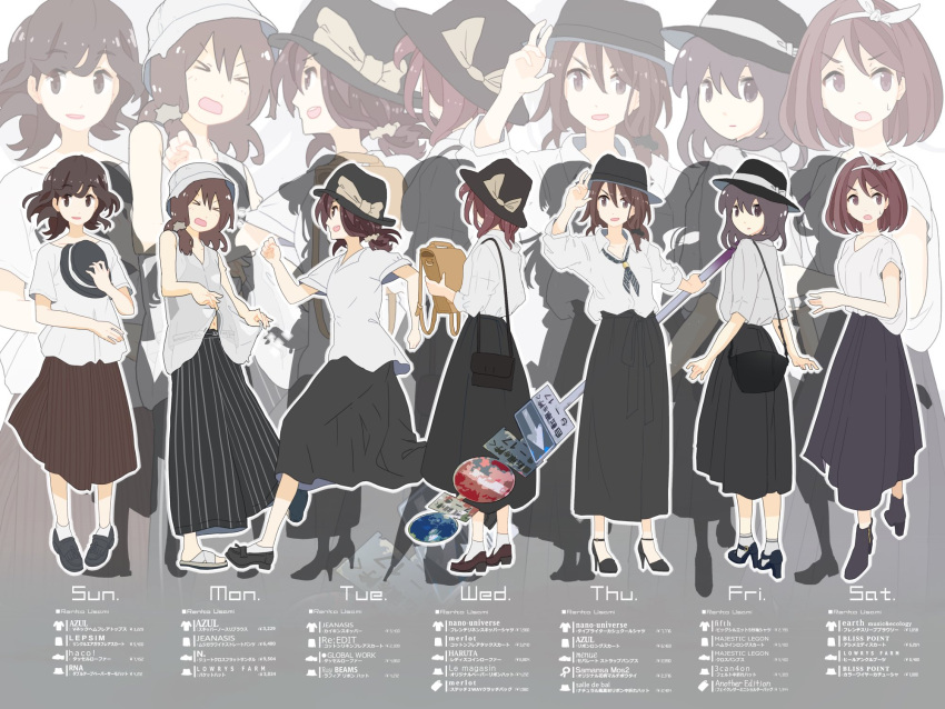 >_< bag black_footwear black_headwear black_skirt bow bow_hairband brown_eyes brown_hair brown_skirt character_name commentary_request female from_behind full_body grey_socks hairband hat hat_bow hat_on_chest high_heels highres holding holding_bag holding_clothes holding_pole long_skirt long_sleeves looking_at_viewer multiple_persona open_mouth pole price price_list product_placement road_sign running salute sandals shirt short_sleeves sign skirt sleeveless smile socks standing sweatdrop tokoroten_(hmmuk) touhou turning_around usami_renko week white_bow white_footwear white_headwear white_legwear white_shirt white_socks