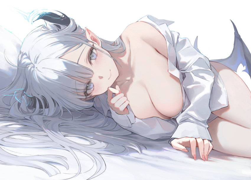 ahoge bed_sheet black_horns black_wings breasts closed_mouth commentary demon_girl demon_wings female fingernails grey_eyes hair_on_horn horns large_breasts long_fingernails long_hair long_sleeves looking_at_viewer low_wings lying nekojira no_pants off_shoulder on_side original pointy_ears shirt simple_background single_bare_shoulder smile solo symbol-only_commentary thea_(nekojira) white_background white_hair white_shirt wings