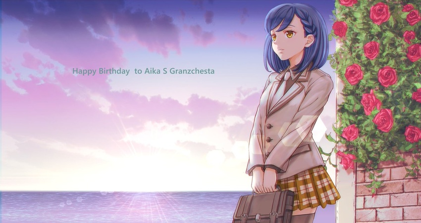 aika_granzchesta aria_(manga) bag black_shirt black_thighhighs blue_hair blue_sky braid brown_skirt closed_mouth cloud cloudy_sky collared_shirt cowboy_shot english_text female flower gradient_sky happy_birthday holding lens_flare long_sleeves looking_to_the_side medium_hair miniskirt necktie ocean official_alternate_costume outdoors parted_bangs plaid plaid_skirt pleated_skirt purple_sky red_flower rose rose_bush school_bag school_uniform shirt skirt sky solo swept_bangs telaform thighhighs white_necktie yellow_eyes zettai_ryouiki