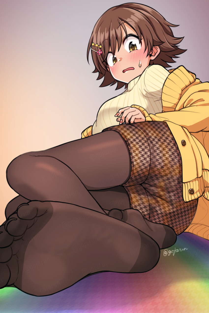 blush breasts brown_hair brown_pantyhose cardigan ear_blush feet female fingernails foot_focus gojarun highres honda_mio houndstooth idolmaster idolmaster_cinderella_girls large_breasts legs long_sleeves looking_at_viewer lying no_shoes on_side pantyhose pantyhose_under_shorts patterned_clothing ribbed_sweater shorts simple_background soles solo sweatdrop sweater toes twitter_username yellow_cardigan yellow_sweater