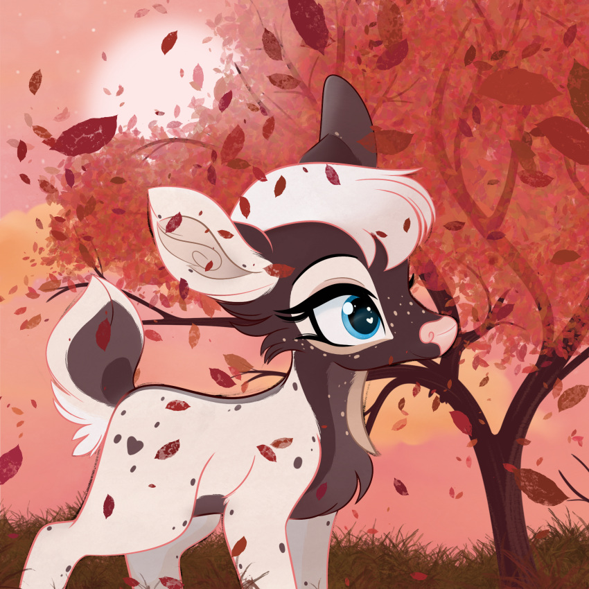 1:1 autumn blue_eyes deer emberslament falling_leaves female feral heart_eyes heart_symbol hi_res mammal plant quadruped solo sun tree