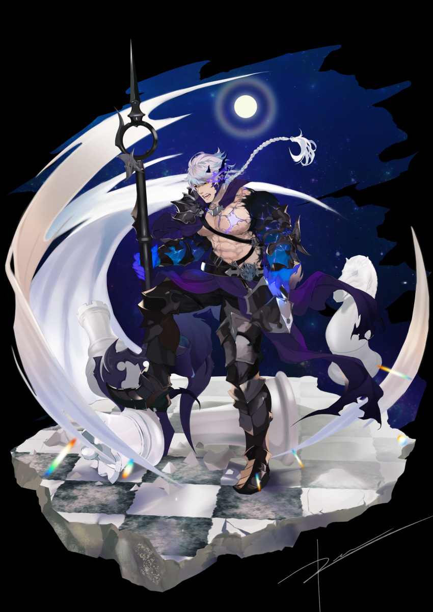 1boy abs absurdres alternate_costume alternate_pectoral_size armor bara bare_pectorals black_background black_sclera chase_(king's_raid) chest_belt clothes_lift colored_sclera demon_horns eye_trail full_moon gauntlets glowing glowing_armor glowing_eyes glowing_skin greaves grey_hair highres horns king's_raid large_pectorals light_trail looking_at_viewer male_focus moon muscular muscular_male nipples pauldrons pectorals pelvic_curtain pelvic_curtain_lift planted ren_(rendrrr) short_hair shoulder_armor single_pauldron solo stomach yellow_eyes