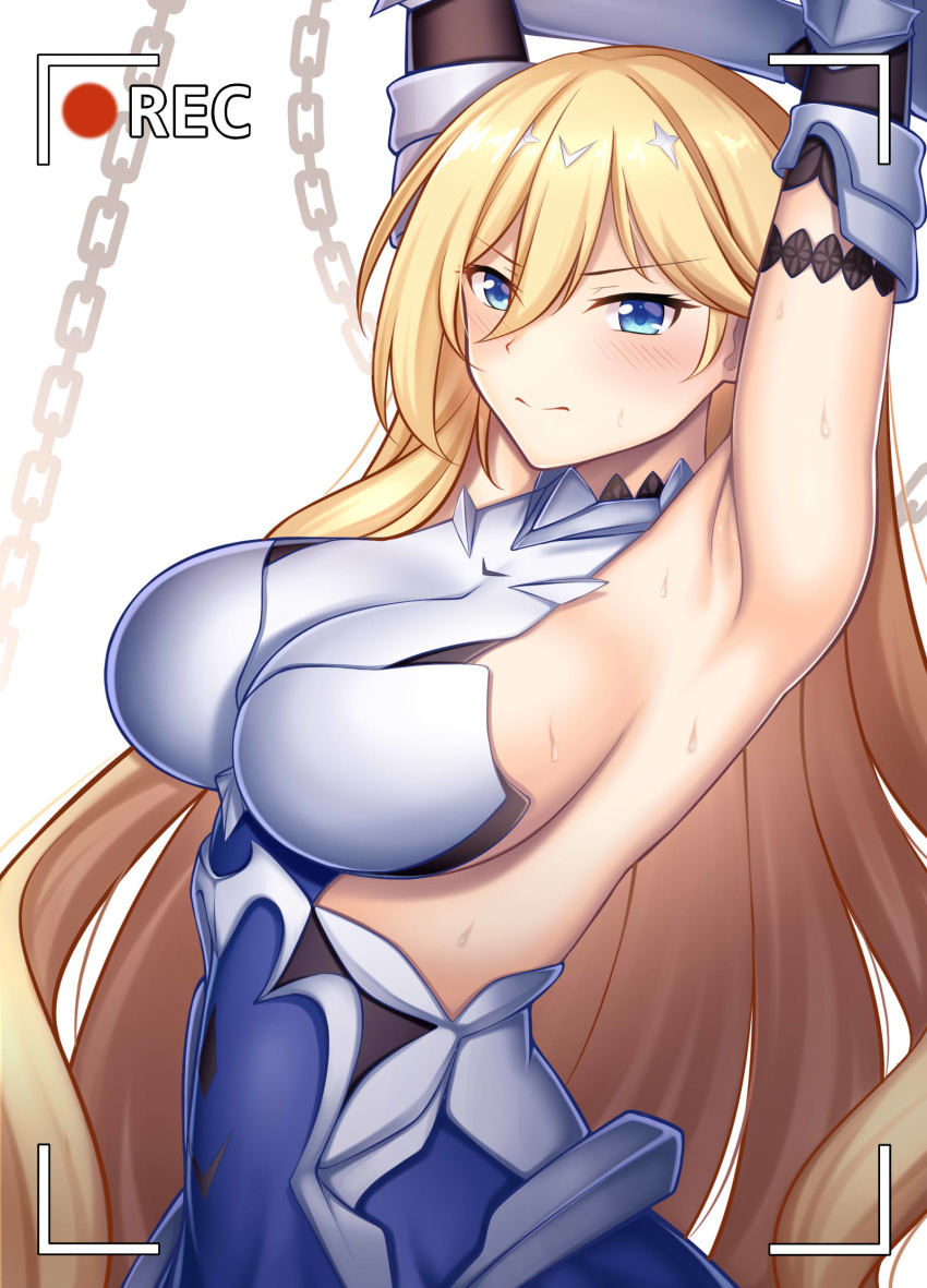 absurdres arm_guards armor armored_dress armpits arms_up bianka_durandal_ataegina bianka_durandal_ataegina_(bright_knight:_excelsis) blonde_hair blue_dress blue_eyes breasts chains closed_mouth commentary dress female guardian-panda hair_between_eyes highres honkai_(series) honkai_impact_3rd large_breasts long_hair mixed-language_commentary recording sideboob simple_background straight_hair sweat upper_body very_long_hair white_background