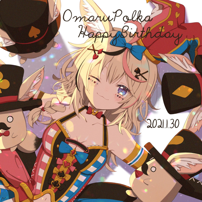 ;3 ahoge animal_ear_fluff animal_ears asymmetrical_hair black_hair blonde_hair blue_eyes blush braid breasts character_name cleavage closed_mouth club_hair_ornament collarbone commentary cursive dated detached_sleeves diamond_hair_ornament dress english_text facepaint female fox_ears hair_ornament happy_birthday hat heart heart-shaped_pupils heart_hair_ornament highres hololive jester_cap light looking_at_viewer lying medium_breasts medium_hair midriff multicolored_clothes multicolored_dress multicolored_hair multicolored_hat navel omaru_polka omaru_polka_(1st_costume) on_back one_eye_closed outstretched_arms pinafore_dress pink_hair shadow side_braid simple_background single_braid sleeveless sleeveless_dress smile solo spade_hair_ornament streaked_hair symbol-shaped_pupils tilted_headwear upper_body virtual_youtuber watanuki_(enu) white_background zain_(omaru_polka)