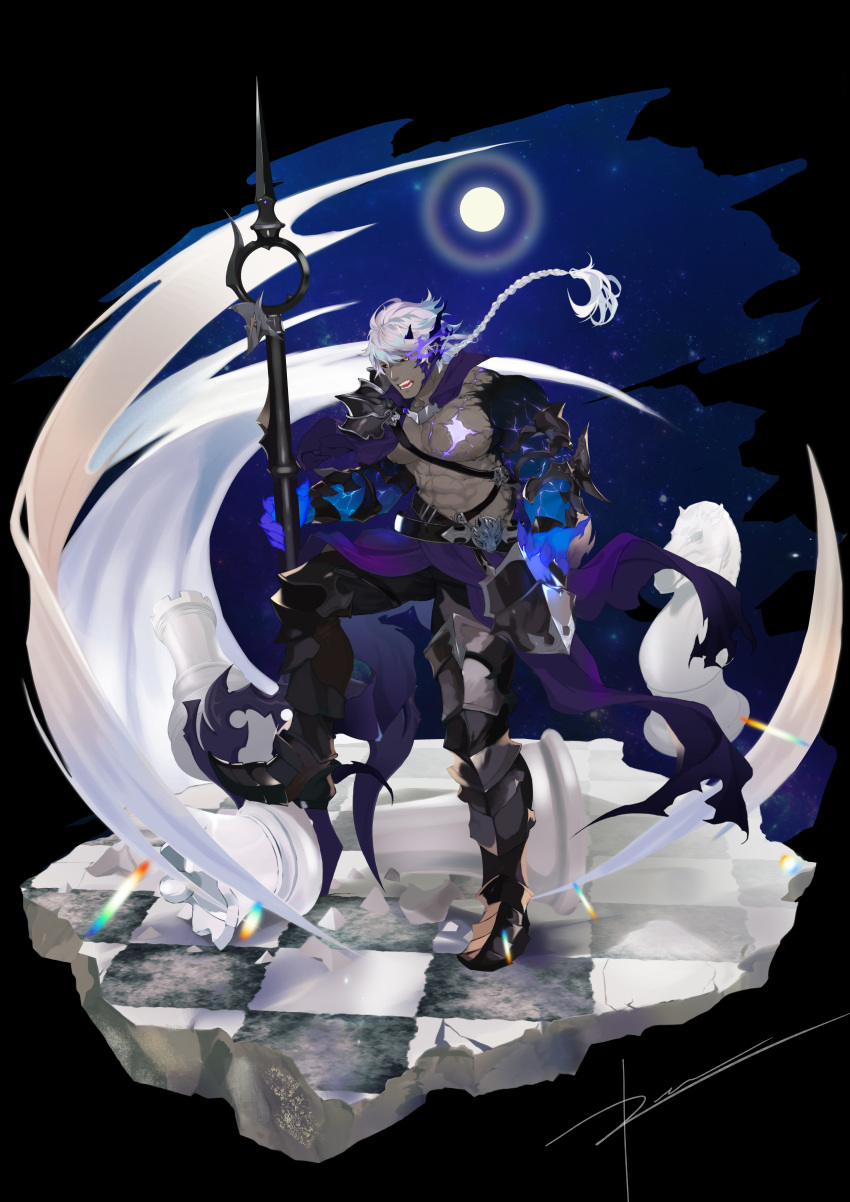 1boy abs absurdres alternate_costume alternate_pectoral_size alternate_skin_color armor bara bare_pectorals black_background black_sclera chase_(king's_raid) chest_belt clothes_lift colored_sclera colored_skin demon_horns eye_trail full_moon gauntlets glowing glowing_armor glowing_eyes glowing_skin greaves grey_hair grey_skin highres horns king's_raid large_pectorals light_trail looking_at_viewer male_focus moon muscular muscular_male nipples pauldrons pectorals pelvic_curtain pelvic_curtain_lift planted ren_(rendrrr) short_hair shoulder_armor single_pauldron solo stomach yellow_eyes