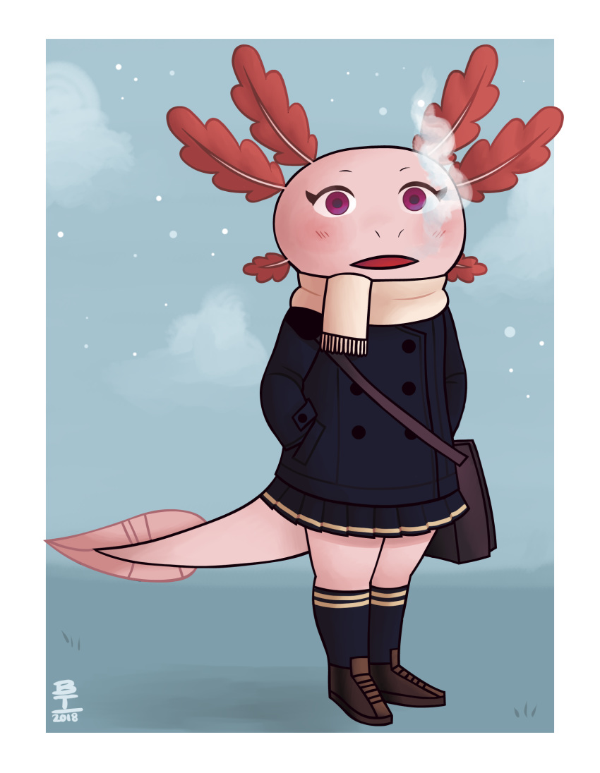 amphibian anthro axey_(wazzaldorp) axolotl bottomwear breath clothed clothing female footwear fully_clothed hand_in_pocket hands_in_both_pockets hi_res jacket legwear marine mole_salamander pink_eyes pockets real_axolotl_hours salamander skirt snow socks solo topwear wazzaldorp winter