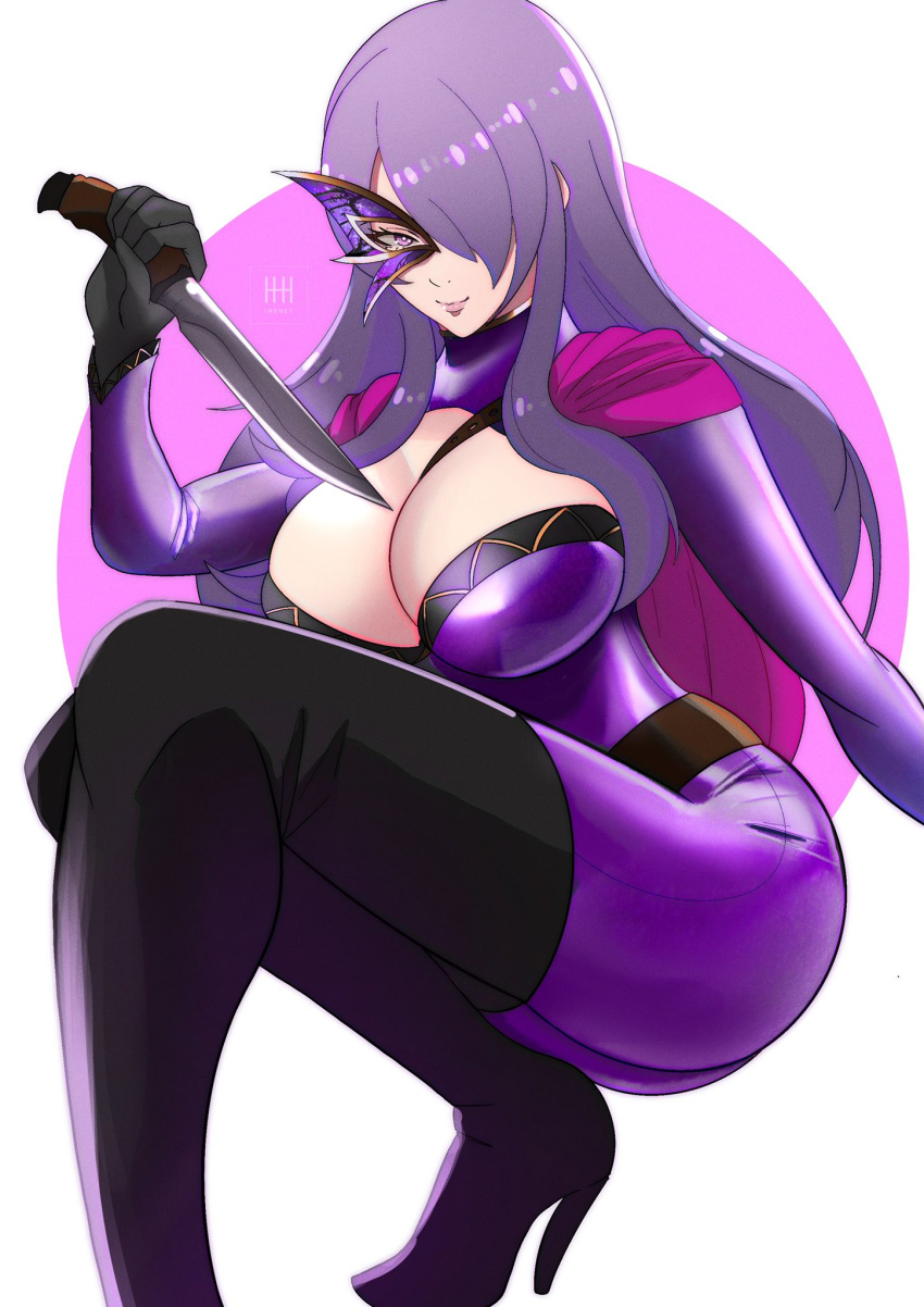 alternate_costume black_footwear black_gloves bodysuit boots breast_strap breasts camilla_(fire_emblem) cape cleavage cosplay curvy female fire_emblem fire_emblem_fates fire_emblem_heroes foreshortening gloves hair_over_one_eye half-closed_eyes half_mask high_heel_boots high_heels highres holding holding_knife huge_breasts ihsnet knife leila_(fire_emblem) leila_(fire_emblem)_(cosplay) leila_(thief)_(fire_emblem) lips long_hair mask purple_bodysuit purple_eyes purple_hair sidelocks smile solo squatting thigh_boots