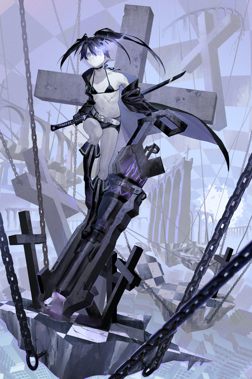 absurdres bikini bikini_top_only bikini_under_clothes black_bikini black_footwear black_hair black_jacket black_rock_shooter black_rock_shooter_(character) black_shorts boots breasts chains cross female flaming_eye full_body glowing glowing_eye gun highres holding holding_sword holding_weapon jacket katana knee_boots matsuura_kento midriff navel no_shirt open_clothes open_jacket pale_skin purple_eyes scar shorts small_breasts solo stitched_torso stitches stomach swimsuit sword twintails uneven_twintails weapon