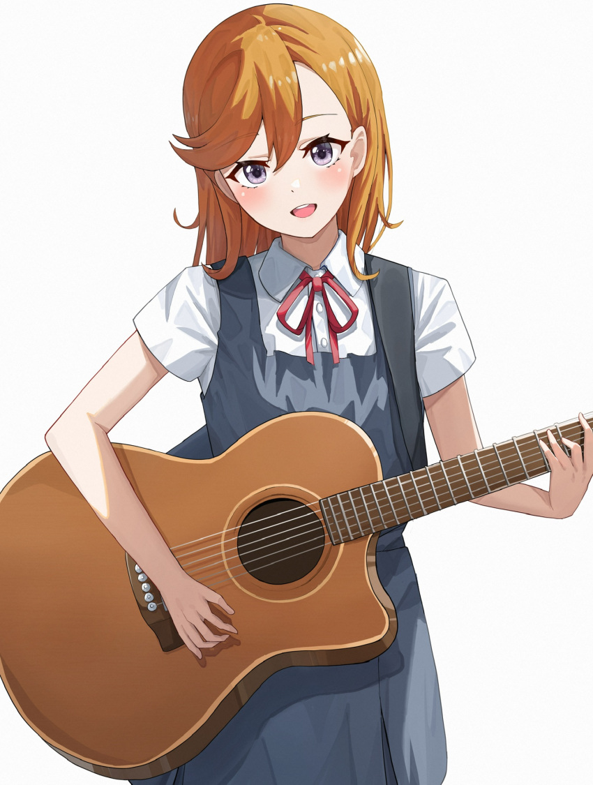 aftamc blue_dress blush collared_shirt dress female guitar hair_between_eyes highres holding holding_instrument instrument long_hair looking_at_viewer love_live! love_live!_superstar!! medium_hair neck_ribbon open_mouth orange_hair purple_eyes red_ribbon ribbon school_uniform shibuya_kanon shirt simple_background solo white_background white_shirt yuigaoka_school_uniform