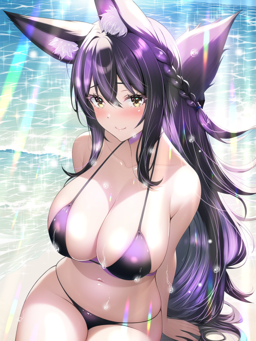 ai-assisted animal_ears arms_behind_back bare_shoulders beach bikini blush braid breasts cleavage covered_nipples dripping dungeon_and_fighter female fox fox_ears fox_girl fox_tail highres large_breasts looking_at_viewer navel outdoors purple_hair sitting smile solo swimsuit tail thick_thighs thighs thong_bikini uonuma_yuu wet yellow_eyes