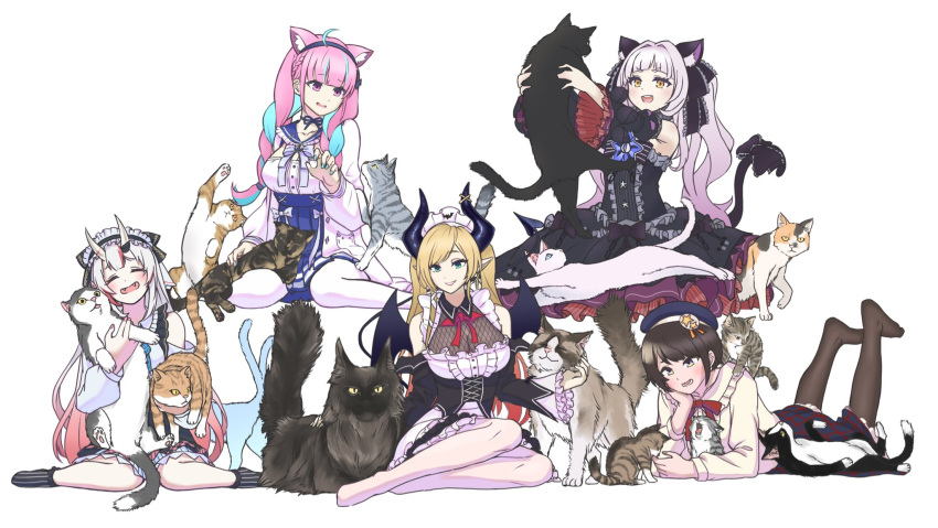 2nd_generation_(hololive) 5girls ahoge animal animal_ears bare_shoulders beret black_dress black_legwear blonde_hair blue_hair blue_nails blue_skirt blunt_bangs blush bow braid breasts brooch brown_hair cat_ears cat_girl cat_tail cleavage clothing_cutout collarbone commentary_request demon_horns demon_wings detached_sleeves dress feet_up feline fishnet_top fishnets frilled_dress frilled_skirt frilled_sleeves frills green_eyes hair_ribbon hairband hat highres holding holding_animal holding_cat hololive horns jacket jewelry kneeling large_breasts legs light_purple_hair long_hair long_sleeves looking_at_viewer lower_teeth_only lying maid maid_headdress minato_aqua minato_aqua_(1st_costume) minato_aqua_(sailor) multicolored_hair multiple_girls murasaki_shion murasaki_shion_(gothic_lolita) nail_polish nakiri_ayame nakiri_ayame_(girly) namakaro_8 no_shoes oerba_yun_fang official_alternate_costume on_stomach oozora_subaru oozora_subaru_(casual) open_mouth pantyhose paw_pose petting pink_eyes pink_hair pink_nails plaid plaid_skirt pleated_skirt red_bow red_hair ribbon seiza short_hair shoulder_cutout sidelocks simple_background sitting skin-covered_horns skirt small_breasts star_brooch streaked_hair swept_bangs tail tail_ornament tail_ribbon teeth too_many too_many_cats twin_braids twintails upper_teeth_only virtual_youtuber wariza white_background white_hair white_jacket white_legwear wings worried yellow_eyes yuzuki_choco yuzuki_choco_(maid)