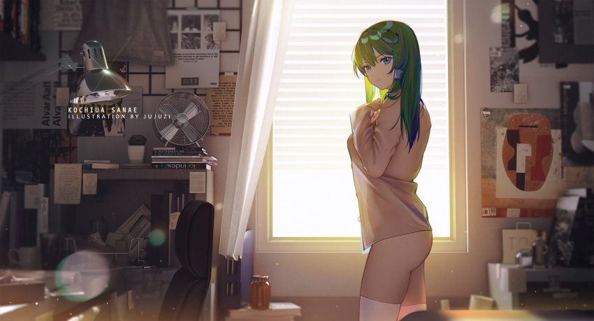 absurdres alternate_costume aqua_eyes artist_name backlighting book book_stack bottomless breasts chair character_name commentary day desk_lamp female frog_hair_ornament from_side glint green_hair grey_shirt hair_ornament hair_tubes hand_on_own_chest highres indoors jar kochiya_sanae lamp lens_flare long_hair long_sleeves looking_at_viewer looking_to_the_side medium_breasts naked_shirt note open_clothes open_shirt paper parted_lips photoshop_(medium) plant poster_(object) potted_plant see-through see-through_silhouette shirt solo sunlight table thighhighs touhou white_thighhighs window xtears_kitsune