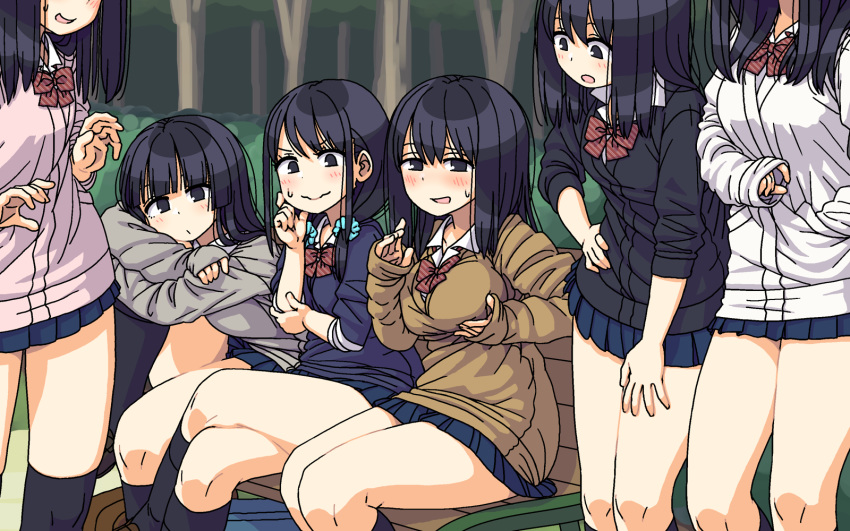 6+girls arm_rest bench black_eyes black_hair black_legwear blush cardigan commentary crossed_legs groping hand_in_pocket highres kneehighs leg_up looking_at_viewer maruput miniskirt multiple_girls original outdoors school_uniform scrunchie sitting skirt sleeves_past_wrists socks sweatdrop thick_thighs thighs twintails wavy_mouth