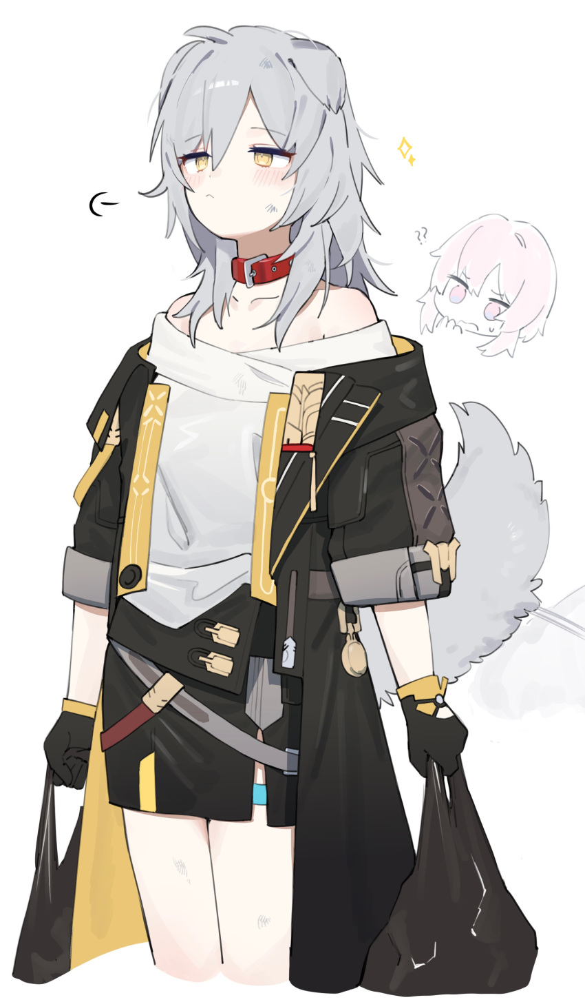 2girls ? ?? absurdres animal_ears bag bare_shoulders black_gloves black_jacket blush choker dog_ears dog_girl dog_tail gloves grey_hair hair_between_eyes highres honkai:_star_rail honkai_(series) hufy jacket kemonomimi_mode long_hair long_sleeves looking_at_viewer march_7th_(honkai:_star_rail) medium_hair multiple_girls pink_hair plastic_bag puff_of_air red_choker simple_background sleeve_rolled_up stelle_(honkai:_star_rail) tail trailblazer_(honkai:_star_rail) trash_bag white_background yellow_eyes yellow_trim