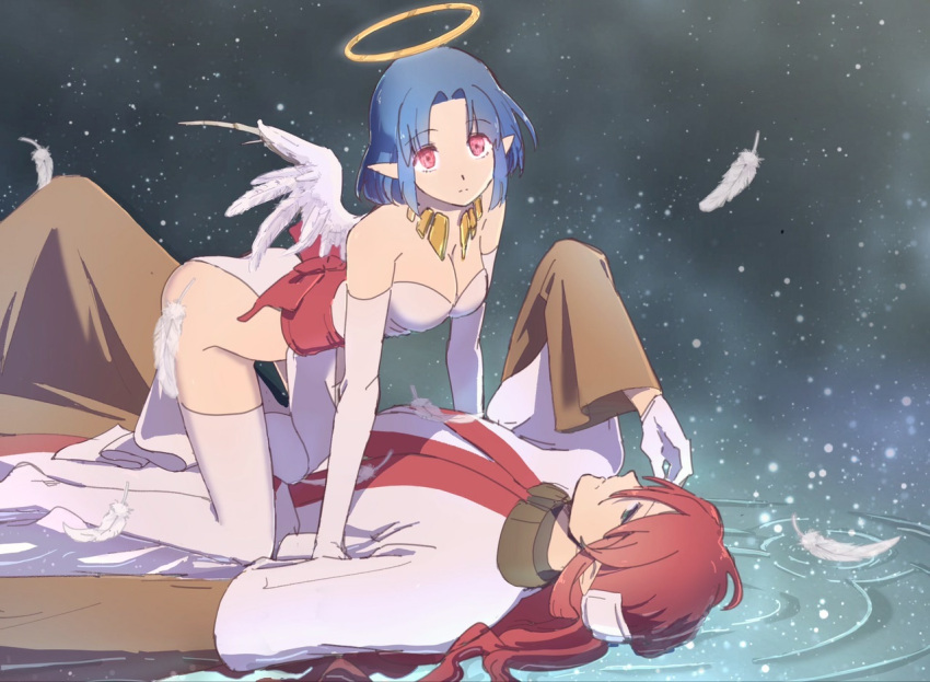 1boy ass blue_hair breasts cleavage closed_mouth dress elbow_gloves father_and_daughter feathers feet_out_of_frame female filia_(star_ocean) gabriel_(star_ocean) gloves looking_at_viewer ocean pointy_ears red_eyes rusinomob short_hair star_(sky) star_ocean star_ocean_the_second_story water wings