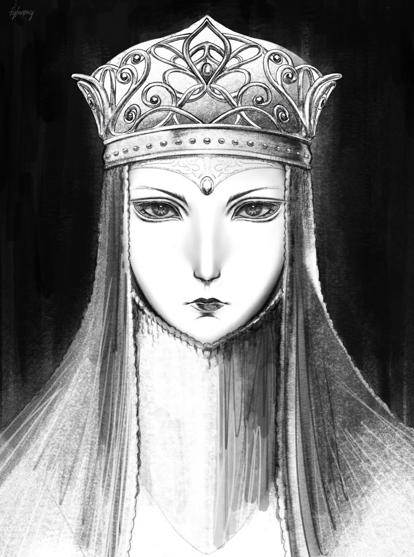 absurdres aid_doge_(artist) closed_mouth crown elden_ring female greyscale highres lady_tanith_(elden_ring) looking_at_viewer mask monochrome portrait realistic signature solo veil