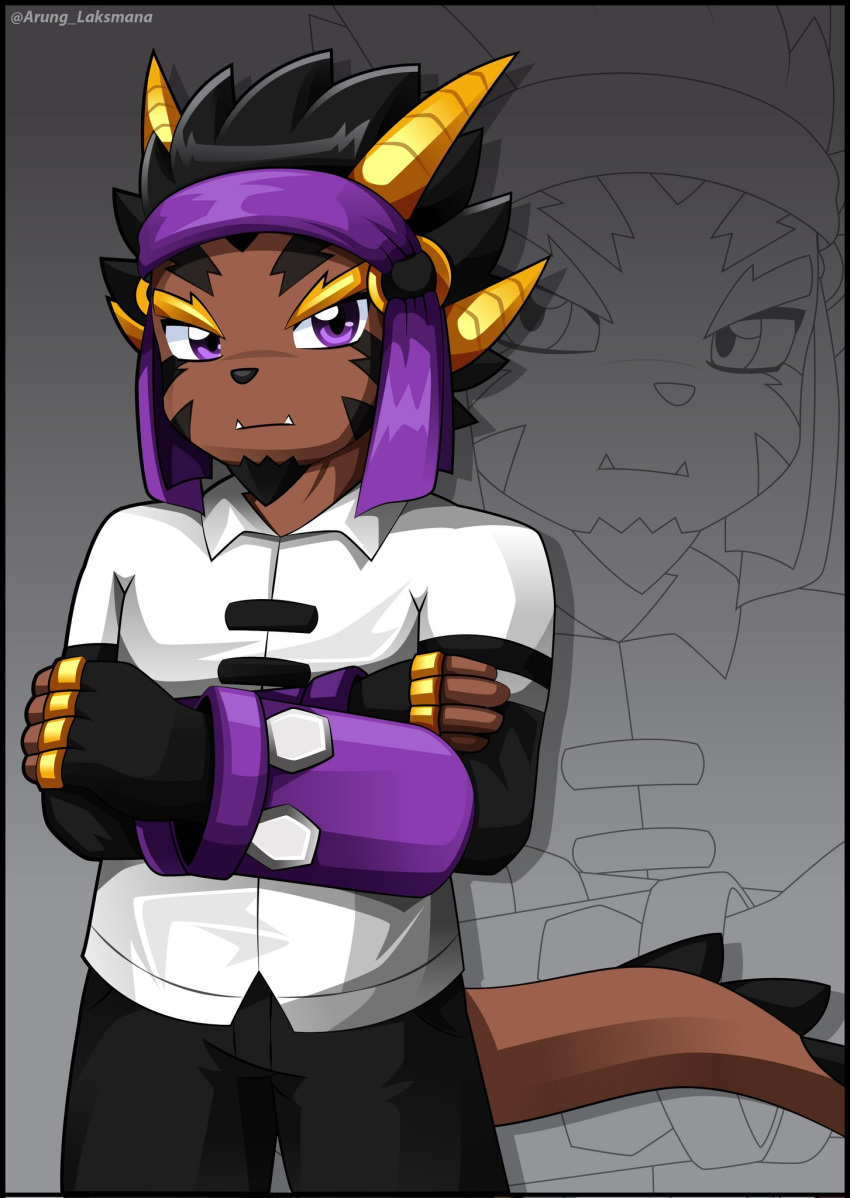 anthro arung98 black_hair black_nose clothed clothing dragon earth_dragon fingerless_gloves freedom_planet galaxytrail gloves hair handwear hi_res hybrid male mythological_creature mythological_scalie mythology purple_eyes scalie sergeant_askal solo tail