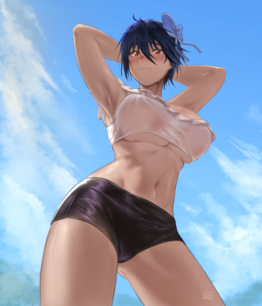 alternate_breast_size ass_visible_through_thighs backlighting blue_hair blush bow breasts cloud cloudy_sky commentary commission contrapposto cowboy_shot crop_top dated_commentary female from_below hair_ornament hair_ribbon hairbow hand_on_own_head highres huge_breasts hunyan midriff navel nisekoi outdoors red_eyes ribbon see-through shiny_clothes shiny_skin short_hair short_shorts shorts signature sky solo symbol-only_commentary toned tsugumi_seishirou underboob