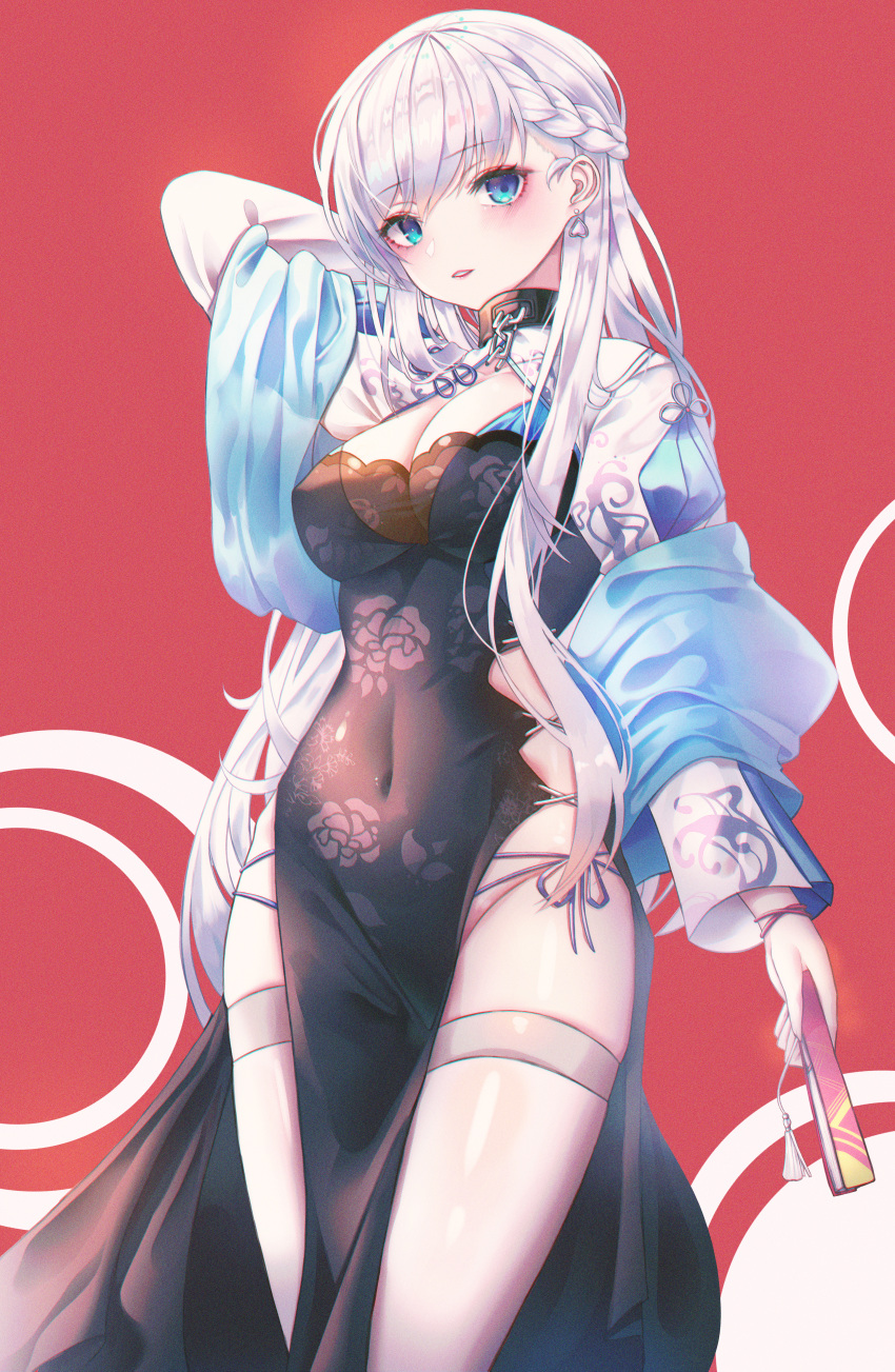 absurdres arm_up azur_lane bad_id bad_pixiv_id belfast_(azur_lane) belfast_(iridescent_rosa)_(azur_lane) black_dress blue_eyes blush braid breasts chains china_dress chinese_clothes collar commentary covered_navel domi_(hongsung0819) dress earrings female floral_print folded_fan folding_fan french_braid hand_fan heart heart_earrings highres holding holding_fan jewelry large_breasts long_hair long_sleeves looking_at_viewer official_alternate_costume open_mouth panties photoshop_(medium) red_background side-tie_panties smile solo thighhighs two-tone_background underwear white_background white_hair white_thighhighs