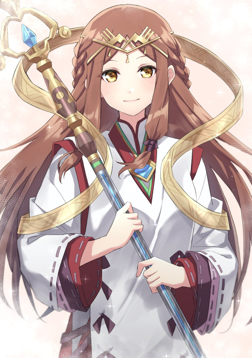 bad_id bad_twitter_id brown_eyes brown_hair circlet crosier fan_la_norne female hagoromo highres holding holding_staff layered_sleeves long_hair shawl shinae smile staff xenoblade_chronicles_(series) xenoblade_chronicles_2