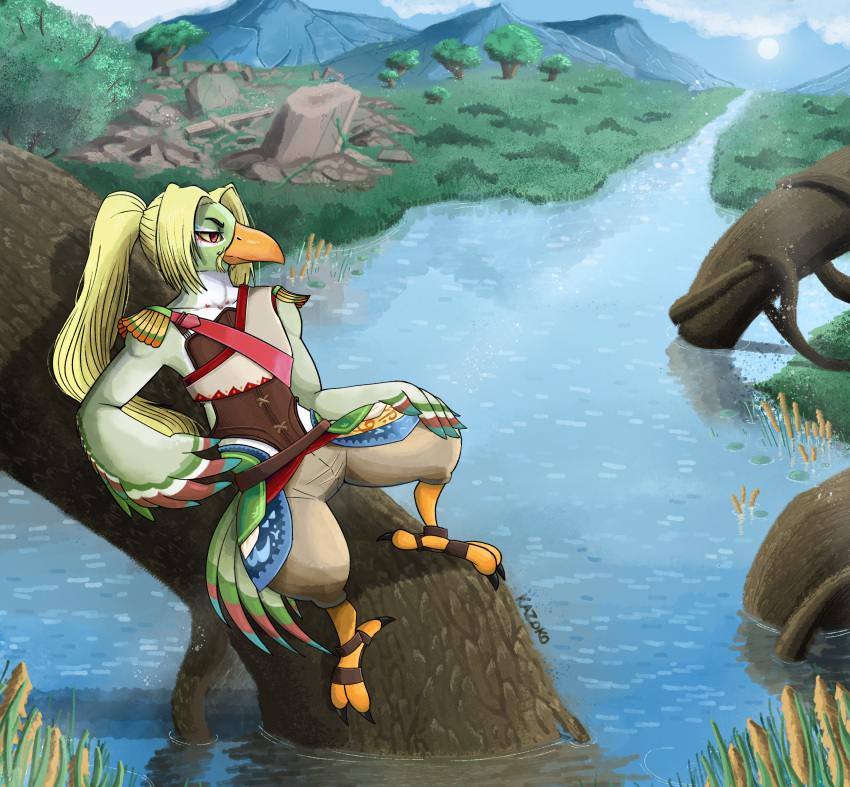 absurd_res alternate_version_at_source anthro avian beak bird blonde_hair bottomwear breath_of_the_wild clothing conditional_dnp crop_top detailed detailed_background digital_media_(artwork) fan_character feathers feet femboy grass green_body hair hi_res kazoko_(artist) lake leotard male mountain nintendo outside pants pattern_clothing plant ponytail red_eyes rito roots ruins sash shirt sitting smile solo sun talons the_legend_of_zelda toes topwear tree water wings yellow_beak