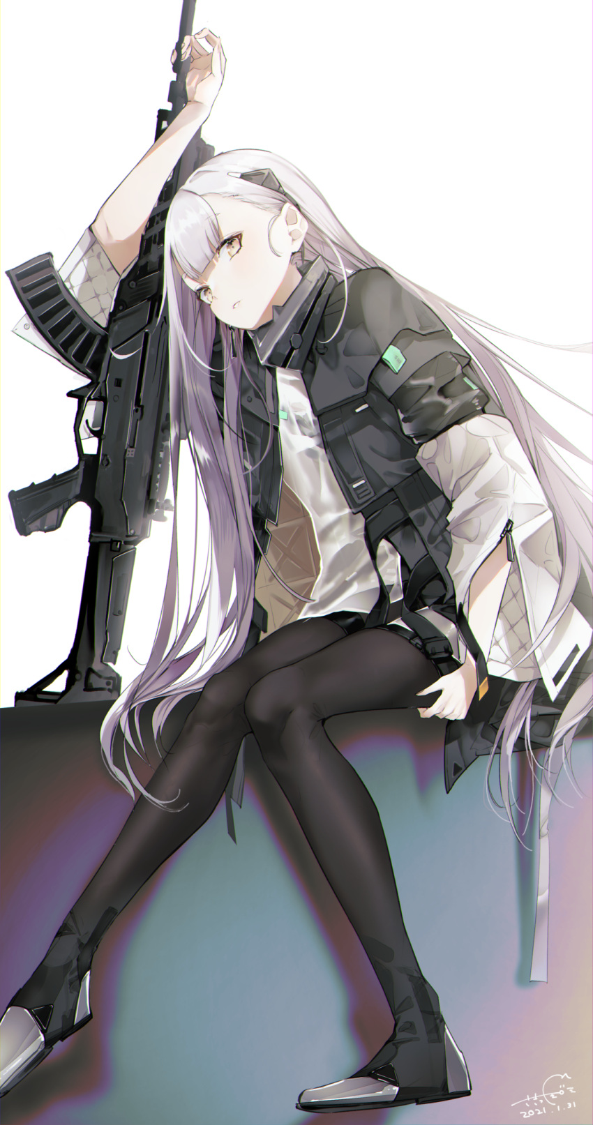 ak-alfa ak-alfa_(girls'_frontline) assault_rifle black_legwear commentary_request female girls'_frontline gun headgear highres jacket long_hair looking_at_viewer open_clothes open_jacket rifle sakippo_(sakippo0) sitting solo weapon white_background white_hair yellow_eyes