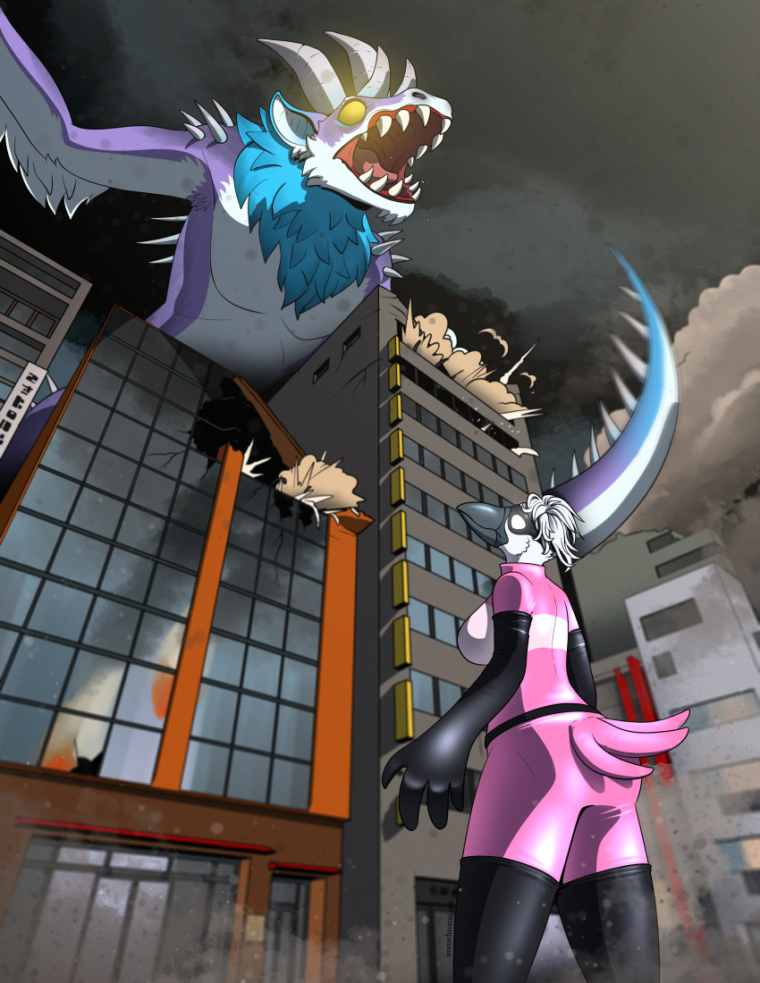 absurd_res anthro avian bird blue-footed_booby booby_(bird) city duo female hi_res immelmann kaiju leaning_on_building macro male monster sulid superhero tagme