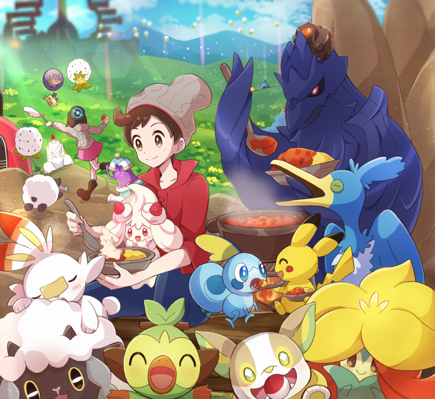 1boy alcremie alcremie_(strawberry_sweet) beanie blurry bowl brown_eyes brown_hair cable_knit cardigan character_print closed_mouth cloud corviknight cramorant curry day dress duraludon eating eldegoss feeding female food gloria_(pokemon) gossifleur green_headwear grey_cardigan grey_headwear grookey haru_(haruxxe) hat holding holding_bowl holding_spoon hooded_cardigan leon_(pokemon) morpeko morpeko_(full) outdoors pikachu pink_dress pokemon pokemon_(creature) pokemon_swsh polteageist red_shirt rice rolycoly scorbunny shirt short_hair sitting sky sleeves_rolled_up smile sobble spoon steam tam_o'_shanter victor_(pokemon) wooloo yamper