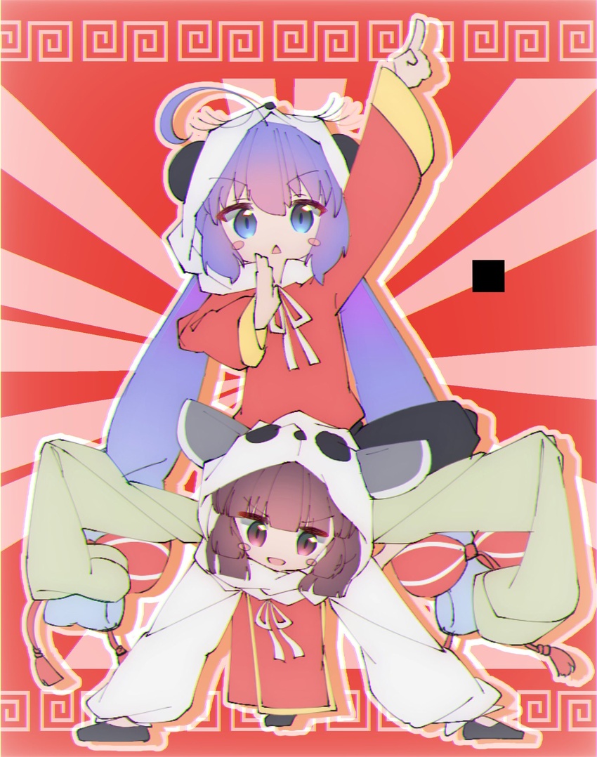 2girls animal_hood arm_up bent_over blue_eyes blue_hair blush_stickers brown_hair chinese_border chinese_clothes commentary green_shirt headgear highres hood long_hair looking_at_viewer meandros meandros_border multiple_girls n_u open_mouth otomachi_una outstretched_arms panda_hood pants red_background red_eyes red_shirt shirt sleeves_past_fingers sleeves_past_wrists smile sunburst sunburst_background touhoku_kiritan triangle_mouth twintails v-shaped_eyebrows very_long_hair vocaloid voiceroid white_pants yi_er_fan_club_(vocaloid)