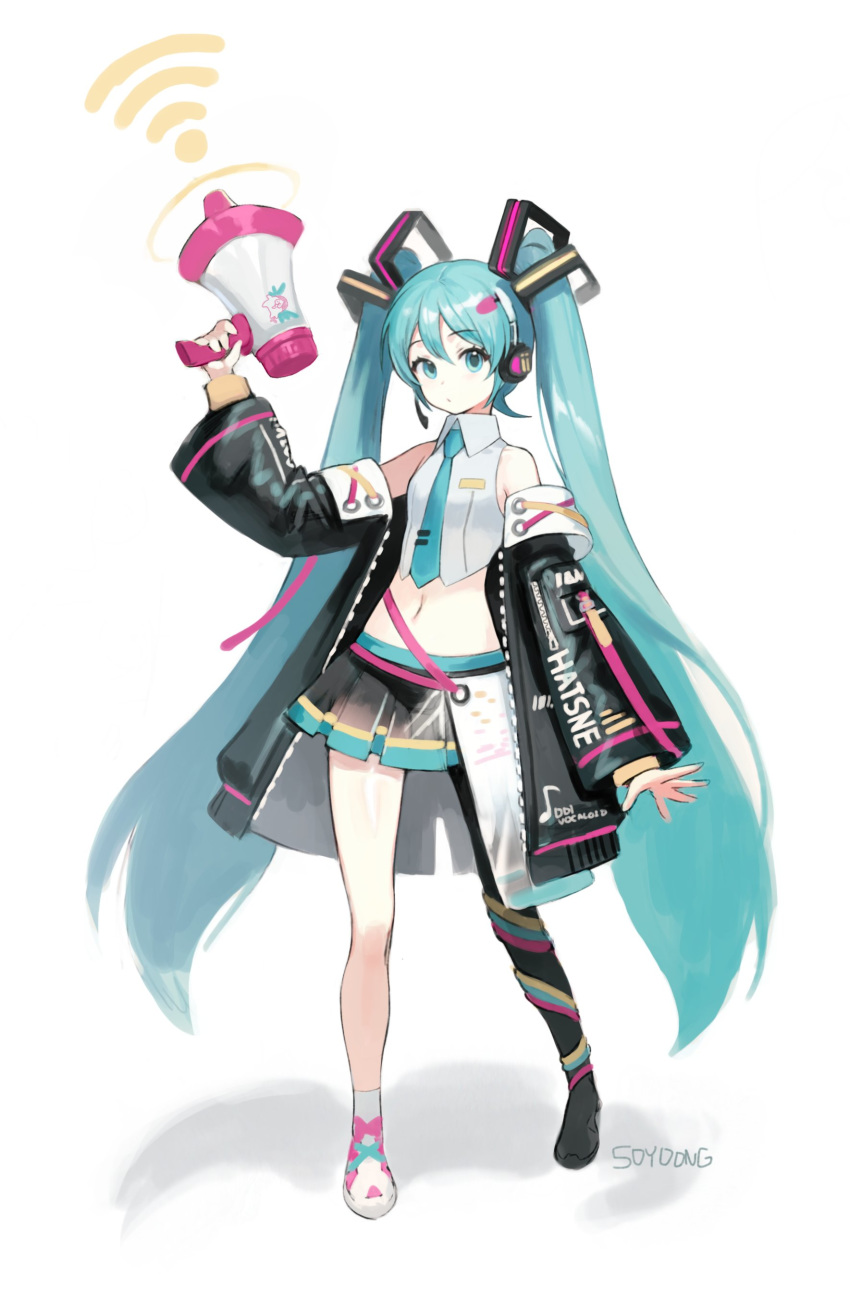 absurdres aqua_eyes aqua_hair asymmetrical_footwear asymmetrical_legwear bare_shoulders black_jacket black_skirt collared_shirt commentary crop_top female full_body grey_shirt hair_ornament hand_up hatsune_miku headphones highres holding holding_megaphone jacket long_hair looking_at_viewer megaphone midriff miniskirt mismatched_footwear navel necktie off_shoulder open_clothes open_jacket shadow shirt shoes short_necktie simple_background single_thighhigh skirt sleeveless sleeveless_shirt solo soyoong_jun standing stomach thighhighs thighs twintails uneven_legwear very_long_hair vocaloid vocaloid_boxart_pose white_background wi-fi_symbol