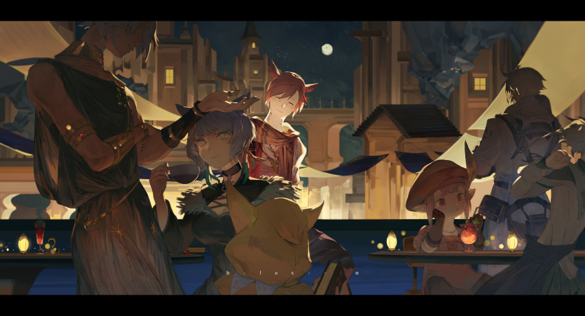 3boys 4girls :q ^_^ alisaie_leveilleur animal_ears animal_hood archon_mark armband astrologian_(final_fantasy) beret black_choker black_dress black_tunic blue_eyes brown_gloves building cat_ears cat_hood chair chinese_commentary choker clenched_hand closed_eyes collar commentary_request cup dress drinking_glass drinking_straw elbow_gloves elbow_rest elezen elf facial_mark facing_away feather_hair_ornament feathers final_fantasy final_fantasy_xiv full_moon fur-trimmed_dress fur_trim g'raha_tia gloves grey_hair grey_jacket hair_ornament hand_up hat hat_feather head_rest highres holding holding_cup hood hyur jacket jewelry krile_mayer_baldesion_(ff14) lalafell letterboxed luckyia miqo'te moon multiple_boys multiple_girls neck_tattoo necklace night out_of_frame pink_hair pointy_ears red_eyes red_hair red_headwear ring running sash short_hair sitting smile standing table tataru_taru tattoo thancred_waters tongue tongue_out tunic urianger_augurelt wristband x_hair_ornament y'shtola_rhul