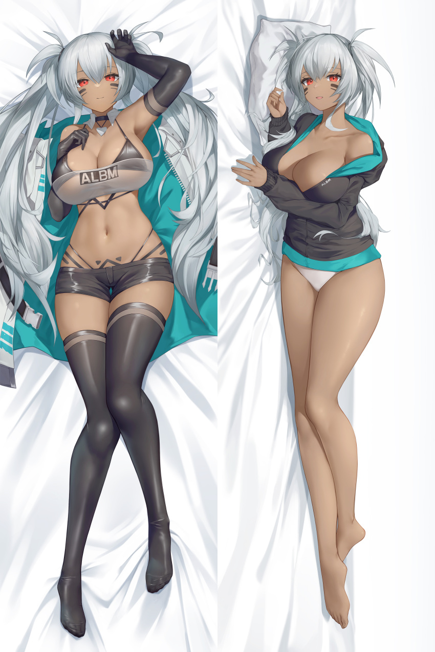 :d absurdres alabama_(azur_lane) alternate_costume arm_up armpits ass_visible_through_thighs azur_lane bare_shoulders barefoot bed_sheet bikini bikini_under_clothes black_bikini black_choker black_gloves black_hoodie black_thighhighs body_markings breasts buckle choker cleavage closed_mouth clothes_writing coat collarbone commentary_request dakimakura_(medium) dark-skinned_female dark_skin detached_collar elbow_gloves facial_mark female full_body gloves hair_between_eyes hand_on_own_chest has_bad_revision has_downscaled_revision highleg highleg_bikini highres hood hood_down hoodie jewelry large_breasts long_coat long_hair long_sleeves looking_at_viewer lying md5_mismatch miso_(b7669726) multiple_views navel necklace no_shoes off_shoulder on_back on_side open_mouth panties partial_commentary pillow red_eyes resolution_mismatch see-through shadow short_shorts shorts sidelocks skindentation smile snap-fit_buckle source_smaller strapless swimsuit thigh_gap thighhighs tube_top twintails underwear very_long_hair white_coat white_hair white_panties white_tube_top zipper