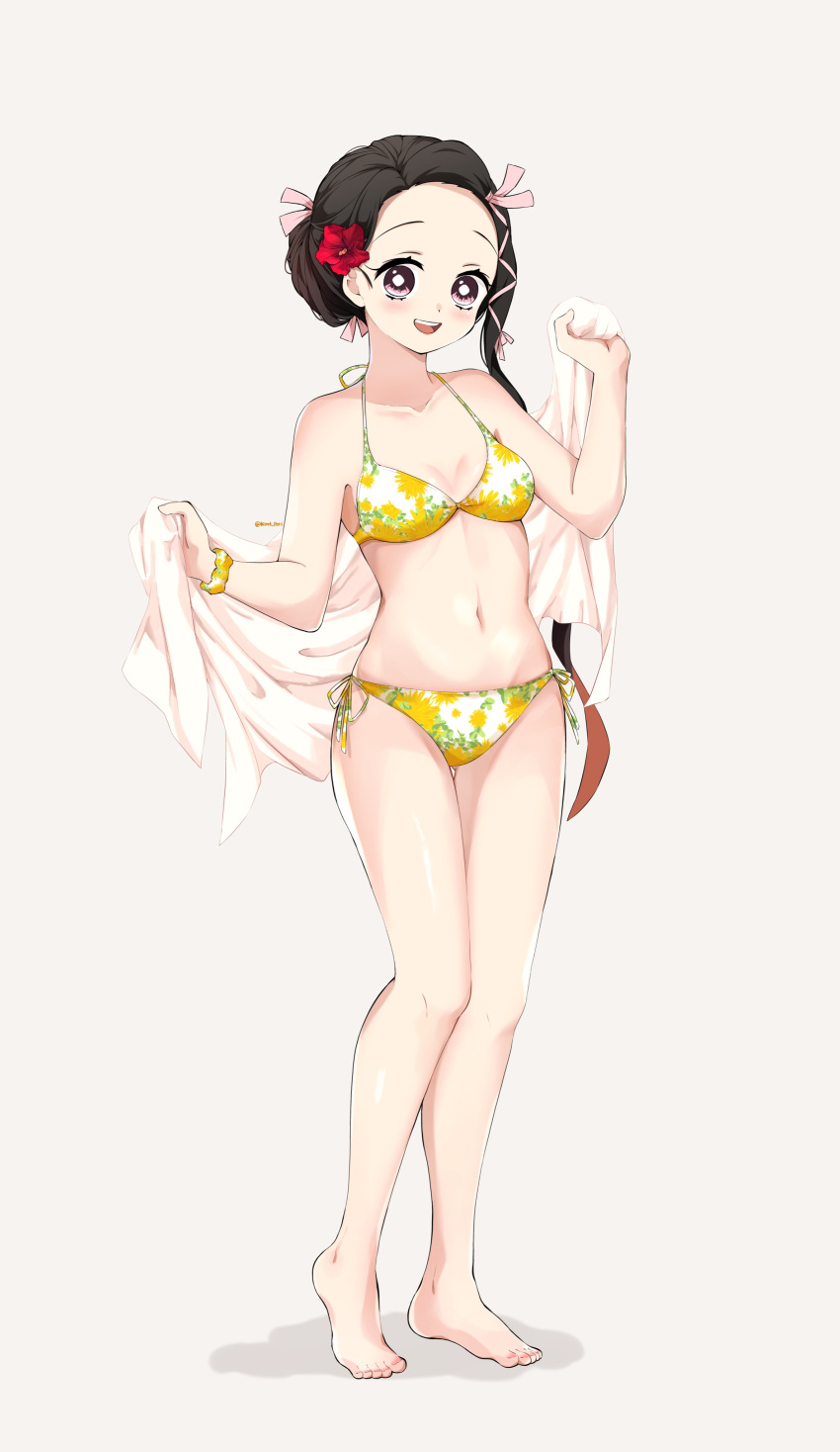 absurdres bad_id bad_twitter_id bare_legs barefoot bikini black_hair bow bowtie breasts female flower hair_flower hair_ornament highres kamado_nezuko kimetsu_no_yaiba legs long_hair medium_breasts multicolored_hair navel open_mouth orange_background pink_eyes pori_(kmt_pori) stomach swimsuit towel twitter_username