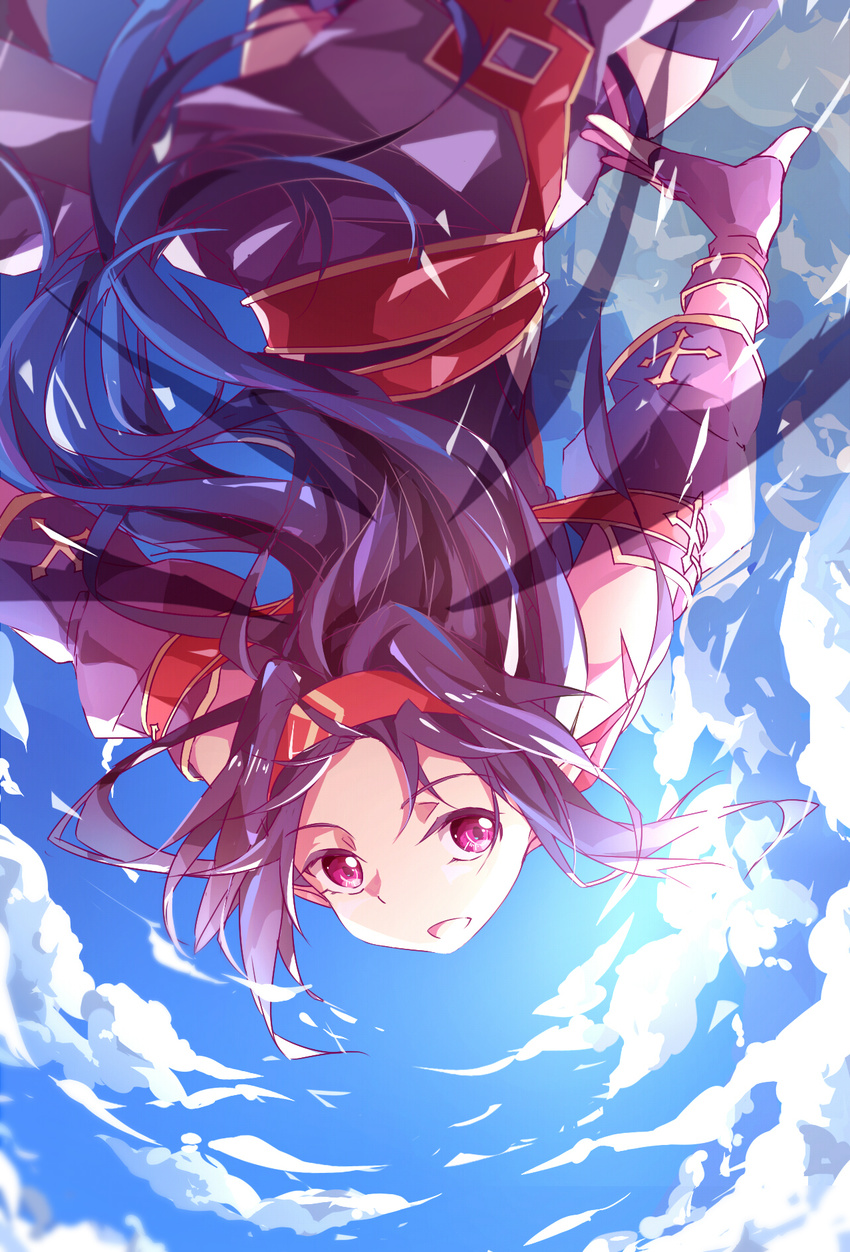 black_hair blue_sky cloud cloudy_sky commentary_request day fairy fairy_wings female fingerless_gloves flying gloves hairband highres long_hair multiple_wings nishigyou_teraa outdoors photoshop_(medium) pointy_ears red_eyes red_hairband sky sword_art_online transparent_wings very_long_hair wings yuuki_(sao)