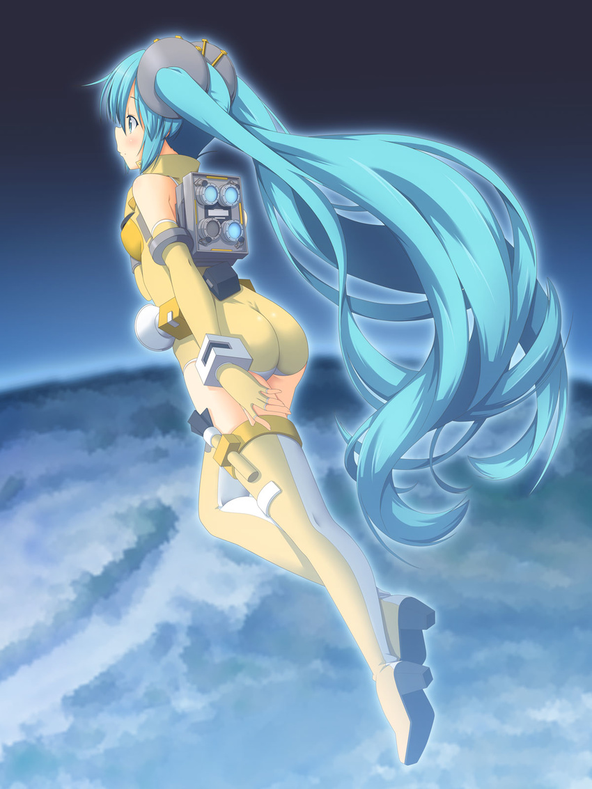 aqua_eyes aqua_hair ass boots commentary_request cosplay elbow_gloves female fingerless_gloves gloves hatsune_miku hayabusa_(spacecraft) hayabusa_(spacecraft)_(costume) high_heels highres leotard long_hair solo thigh_boots thighhighs twintails very_long_hair vocaloid yellow_leotard yuzuki_kei