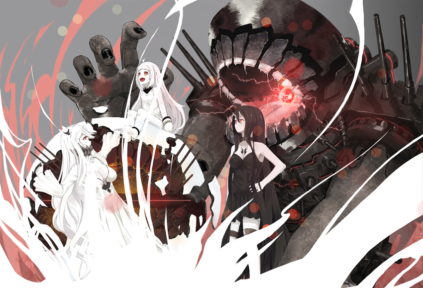 battleship-symbiotic_hime black_hair kantai_collection midway_hime northern_ocean_hime pachi_8 red_eyes white_hair