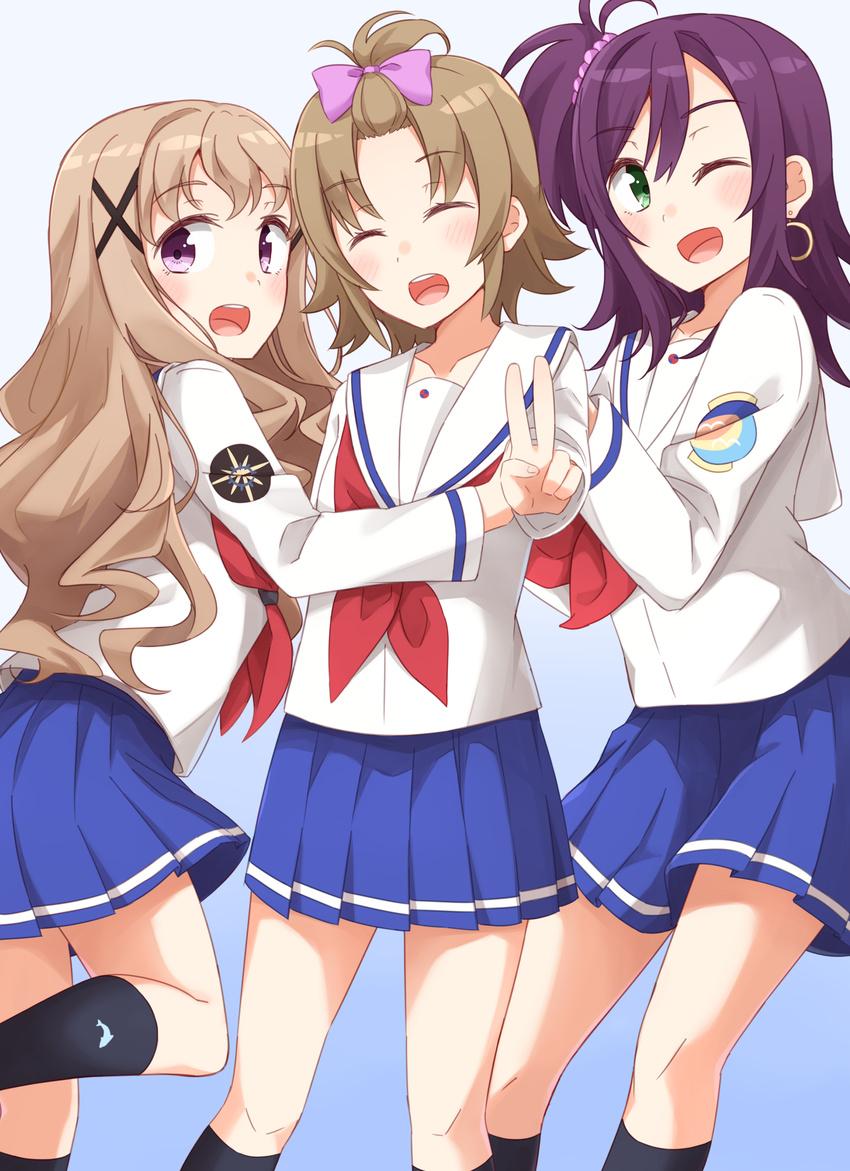 3girls :d ;d ^_^ bad_id bad_pixiv_id black_legwear blue_background blue_skirt blush bow closed_eyes collarbone commentary_request earrings gradient_background green_eyes hair_between_eyes hair_ornament hair_scrunchie hairbow high_school_fleet highres hoop_earrings jewelry kapatarou katsuta_satoko kneehighs light_brown_hair long_hair long_sleeves multiple_girls neckerchief one_eye_closed one_side_up open_mouth pink_bow pink_scrunchie pleated_skirt purple_eyes purple_hair red_neckerchief school_uniform scrunchie serafuku shirt skirt smile socks standing standing_on_one_leg teeth uda_megumi upper_teeth_only v very_long_hair white_shirt x_hair_ornament yamashita_hideko yokosuka_girls_marine_high_school_uniform