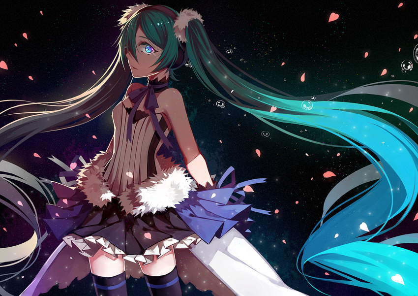 7th_dragon_(series) 7th_dragon_2020 absurdly_long_hair ayan black_background black_hairband black_skirt black_thighhighs blue_eyes blue_hair choker commentary cowboy_shot female floating_hair green_hair hair_between_eyes hairband hatsune_miku highres layered_skirt long_hair looking_at_viewer miniskirt multicolored_hair pleated_skirt purple_ribbon ribbon skirt solo standing strapless symbol-only_commentary thighhighs twintails two-tone_hair very_long_hair vocaloid