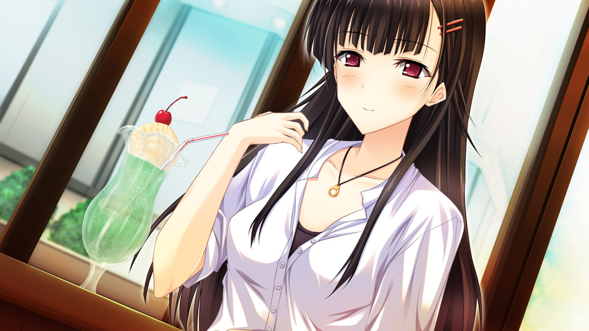 amano_misa brown_hair closed_mouth collarbone dress_shirt drinking_straw dutch_angle female game_cg hoka_no_onna_no_ko_to_h_wo_shiteiru_ore_wo_mite_koufun_suru_kanojo indoors jewelry long_hair noba_(veronicanoha) pendant red_eyes shirt short_sleeves smile solo upper_body very_long_hair white_shirt