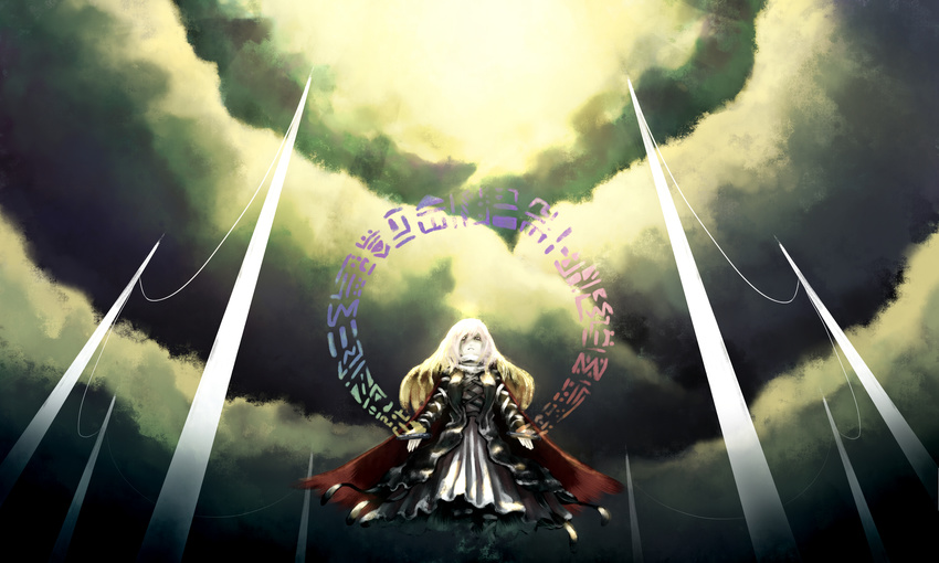 blonde_hair cape cloud commentary_request female fujinohara_akihira highres hijiri_byakuren long_hair pale_skin scroll solo sorcerer's_sutra_scroll touhou