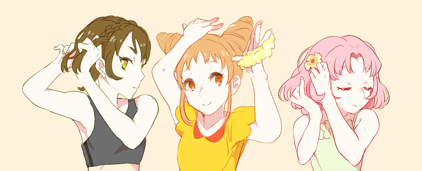 3girls adjusting_hair aikatsu! aikatsu!_(series) arisugawa_otome bad_id bad_pixiv_id bare_shoulders black_sports_bra braid braiding_hair brown_eyes brown_hair closed_eyes cone_hair_bun crown_braid double_bun flower green_eyes hair_bun hair_flower hair_ornament hairdressing kamiya_shion kitaoji_sakura multiple_girls orange_background orange_hair pink_hair scrunchie shiontaso shirt short_hair short_sleeves simple_background sleeveless sleeveless_shirt smile spaghetti_strap sports_bra upper_body yellow_scrunchie