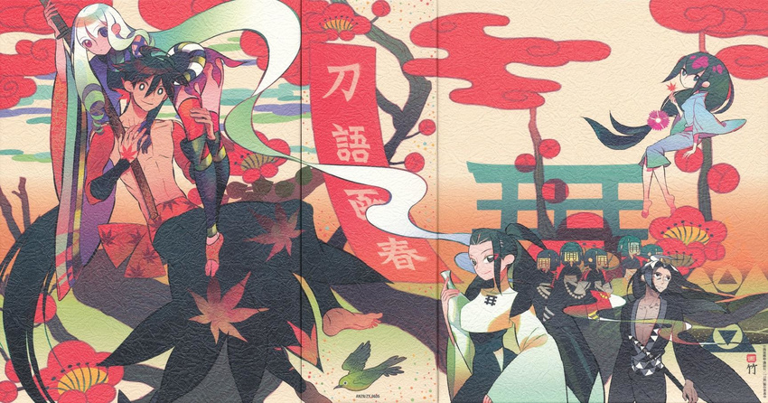 2boys 3girls black_hair couple green_eyes green_hair heterochromia highres japanese_clothes katana katanagatari long_hair mask multiple_boys multiple_girls purple_eyes scan straight sword take_(illustrator) togame tsuruga_meisai uneri_ginkaku very_long_hair weapon white_hair yasuri_nanami yasuri_shichika